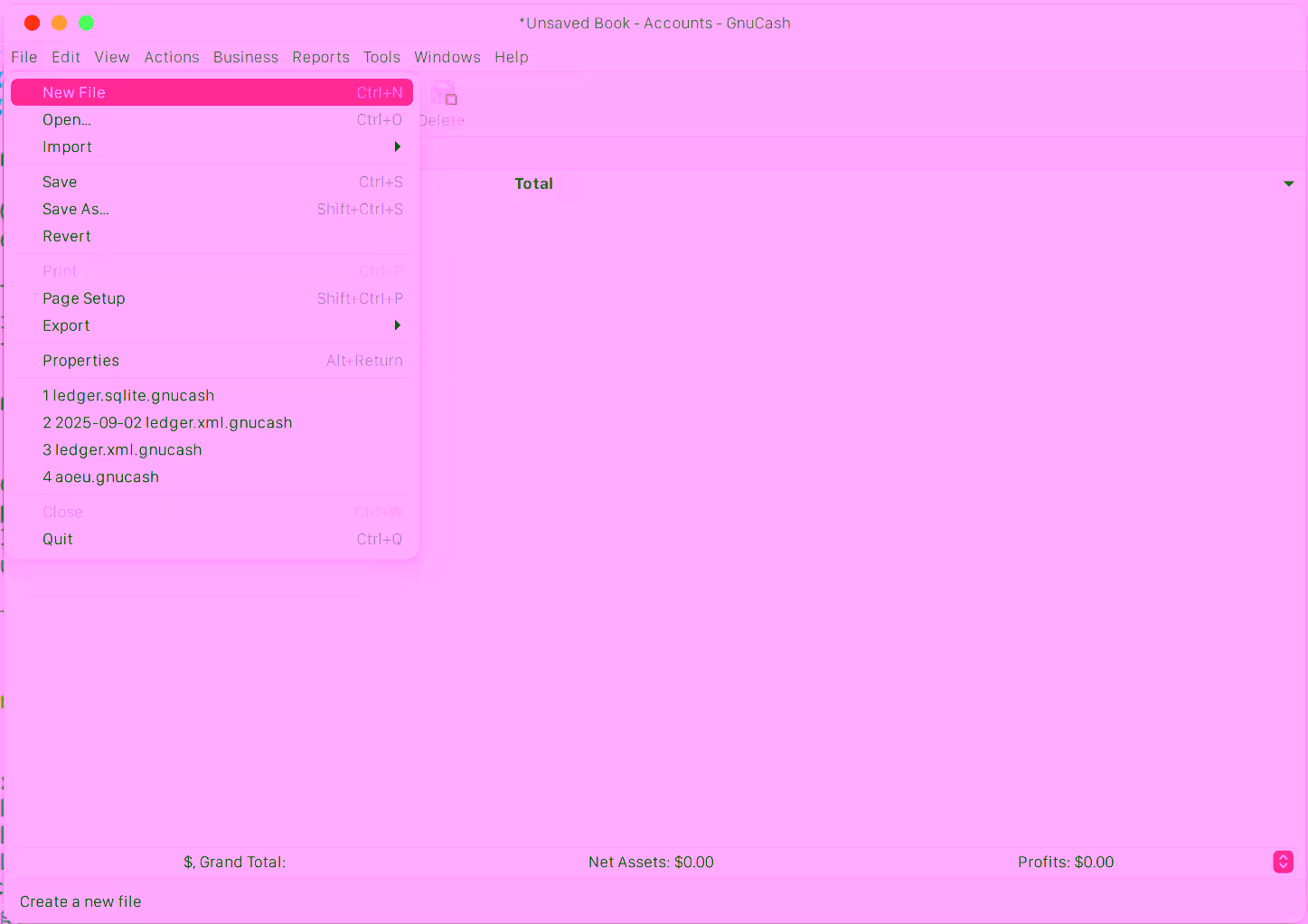 Making a new file in GNUCash