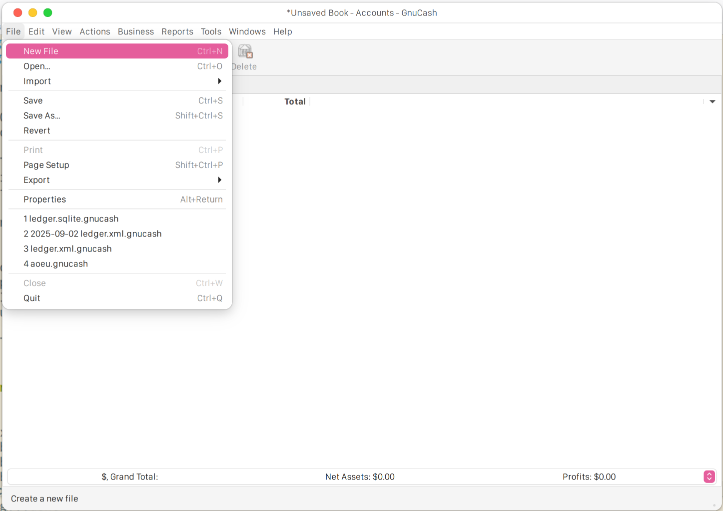 Making a new file in GNUCash